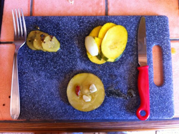 Clockwise from top left : Bread and Butter Pickles, Crunchy Pickled Courgette and Amazing Pickled and Marinated Courgette